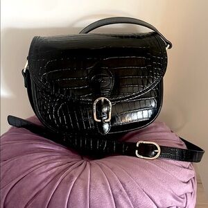 LONGCHAMP 100% Leather 1980 Black Croc-Embossed Crossbody Shoulder Bag